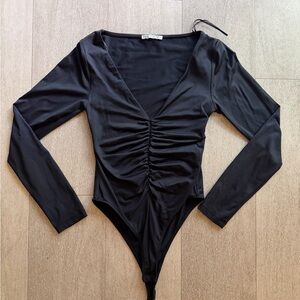 Zara Black Ruched V-Neck Bodysuit